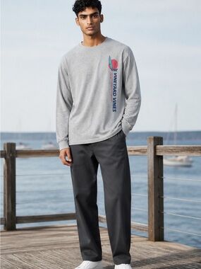 Vineyard Vines Grey Long-Sleeve Tee with Navy & Coral Graphic